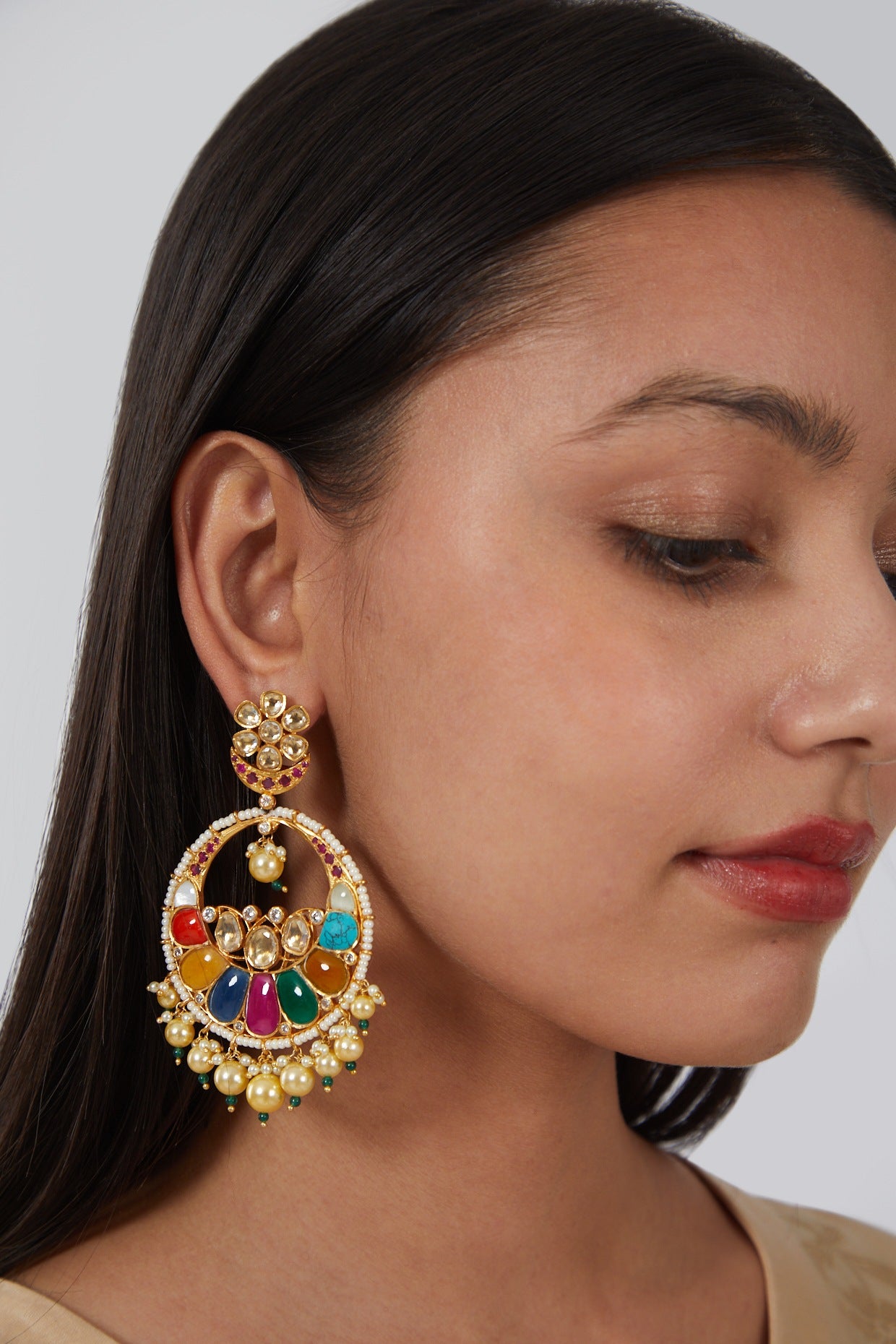 Gold Finish Kundan Polki & Multi-Colored Stone Earrings