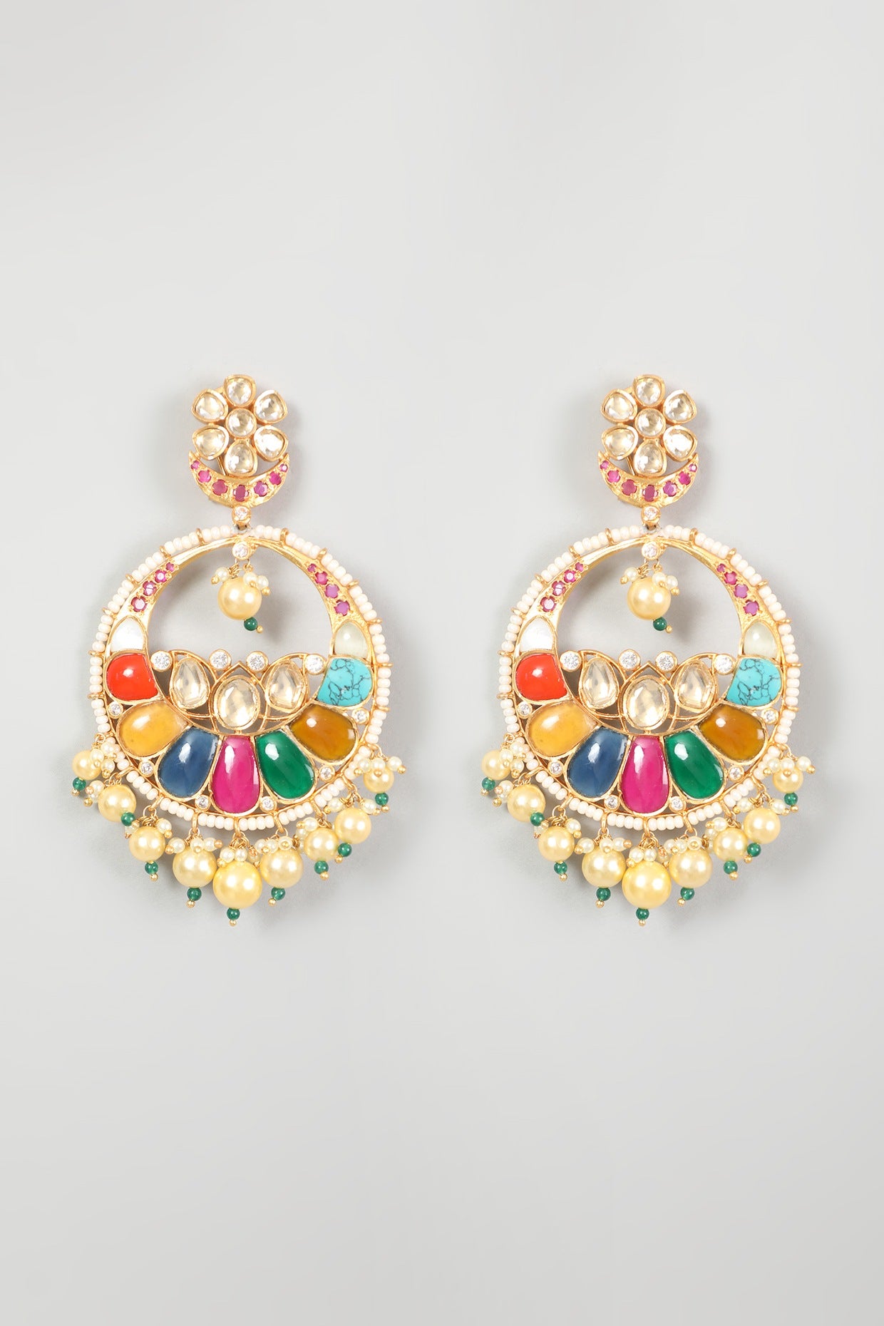 Gold Finish Kundan Polki & Multi-Colored Stone Earrings