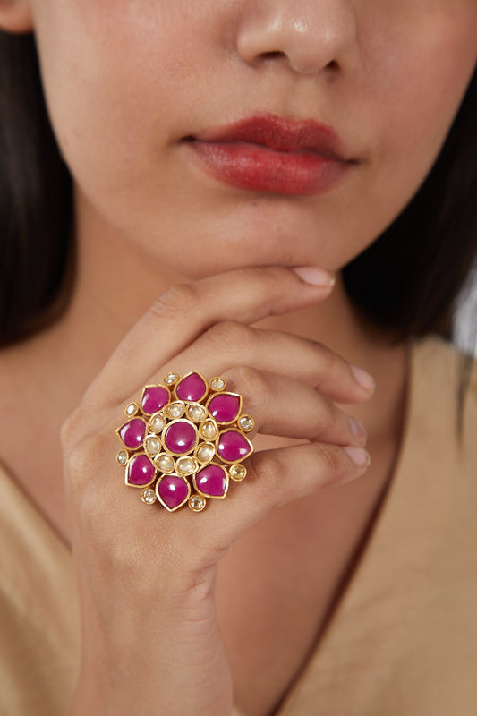 Gold Finish Kundan Polki & Red Synthetic Stone Ring