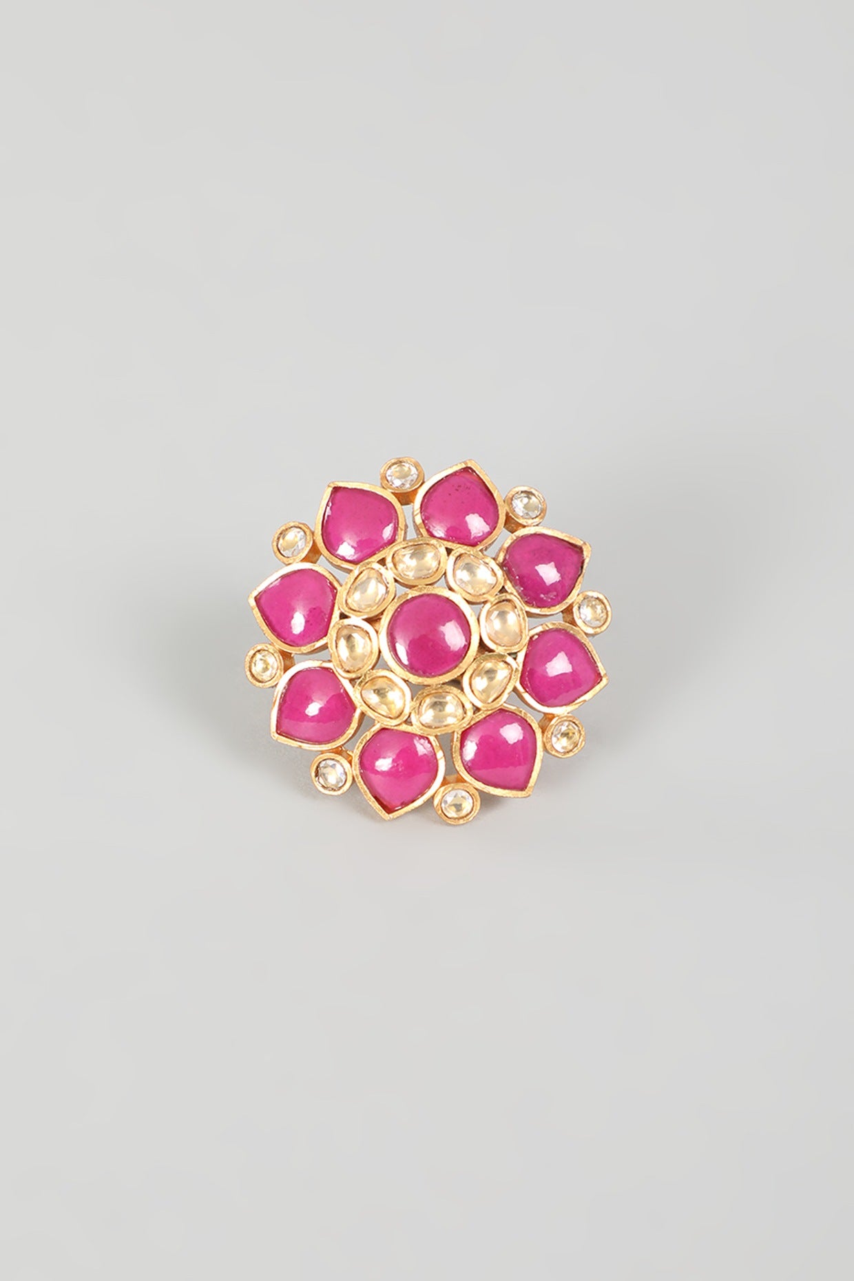 Gold Finish Kundan Polki & Red Synthetic Stone Ring