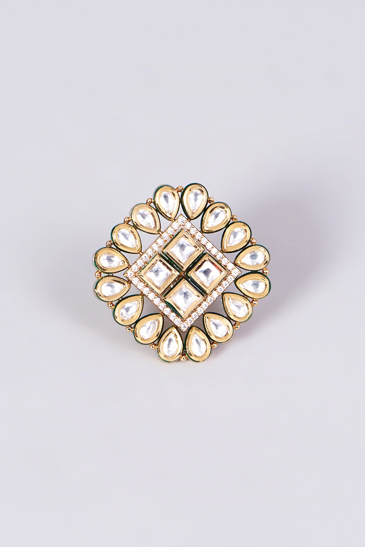 Gold Finish Kundan Polki Square Ring