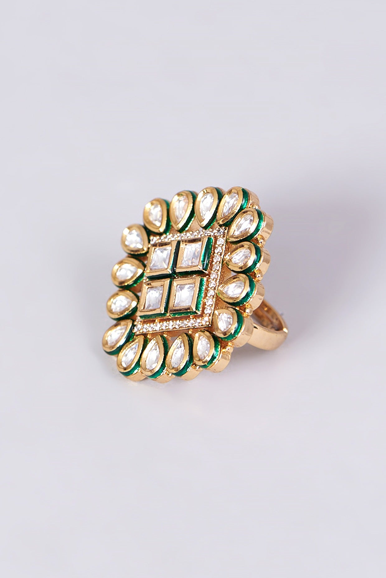 Gold Finish Kundan Polki Square Ring