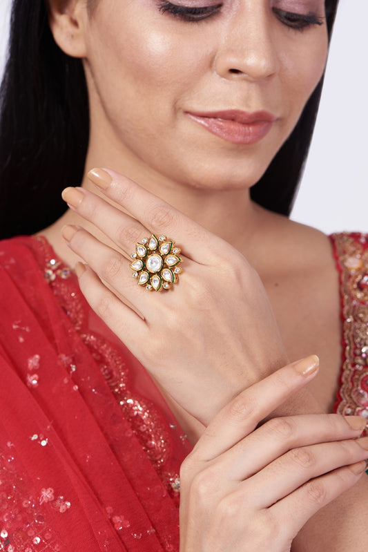 Gold Finish Kundan Polki Ring