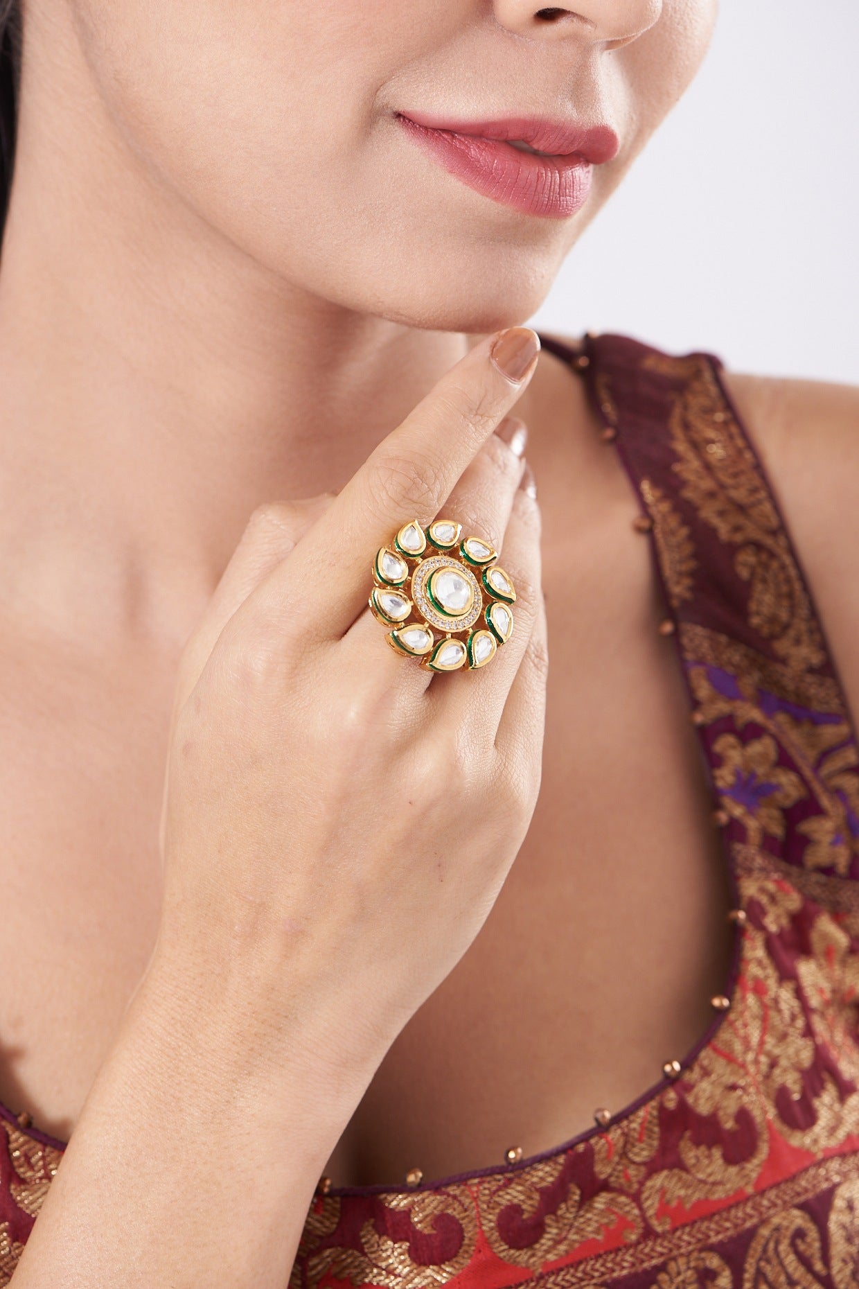 Gold Finish Kundan Polki Ring