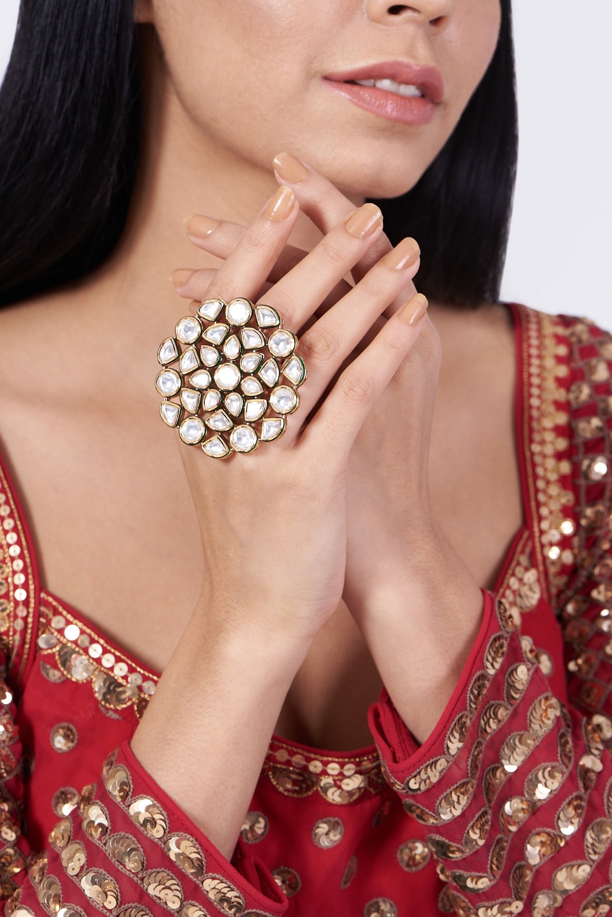 Gold Finish Kundan Polki Oversized Ring