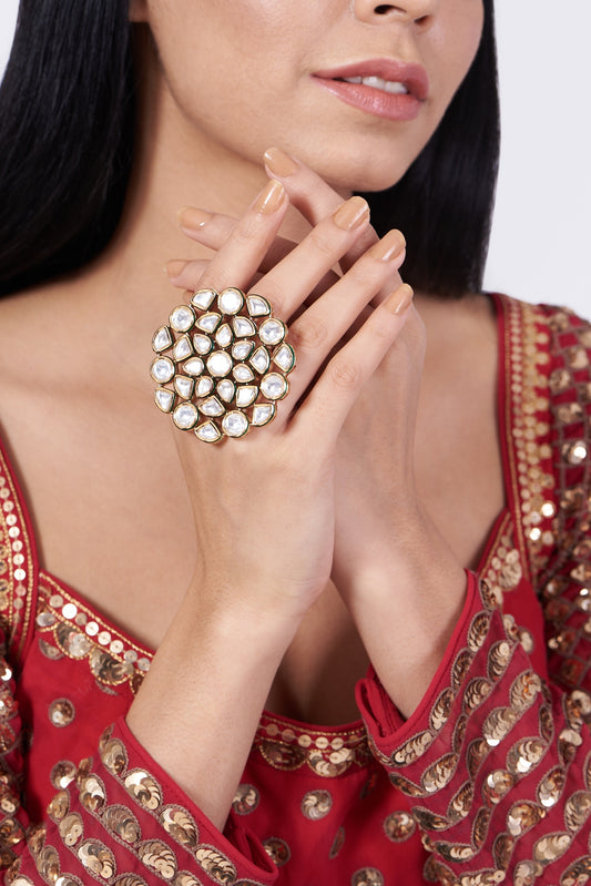 Gold Finish Kundan Polki Oversized Ring