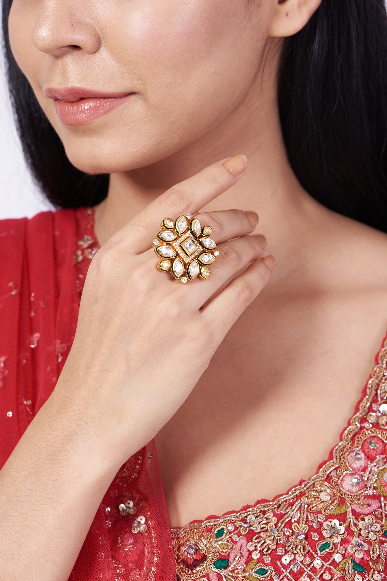 Gold Finish Kundan Polki Ring