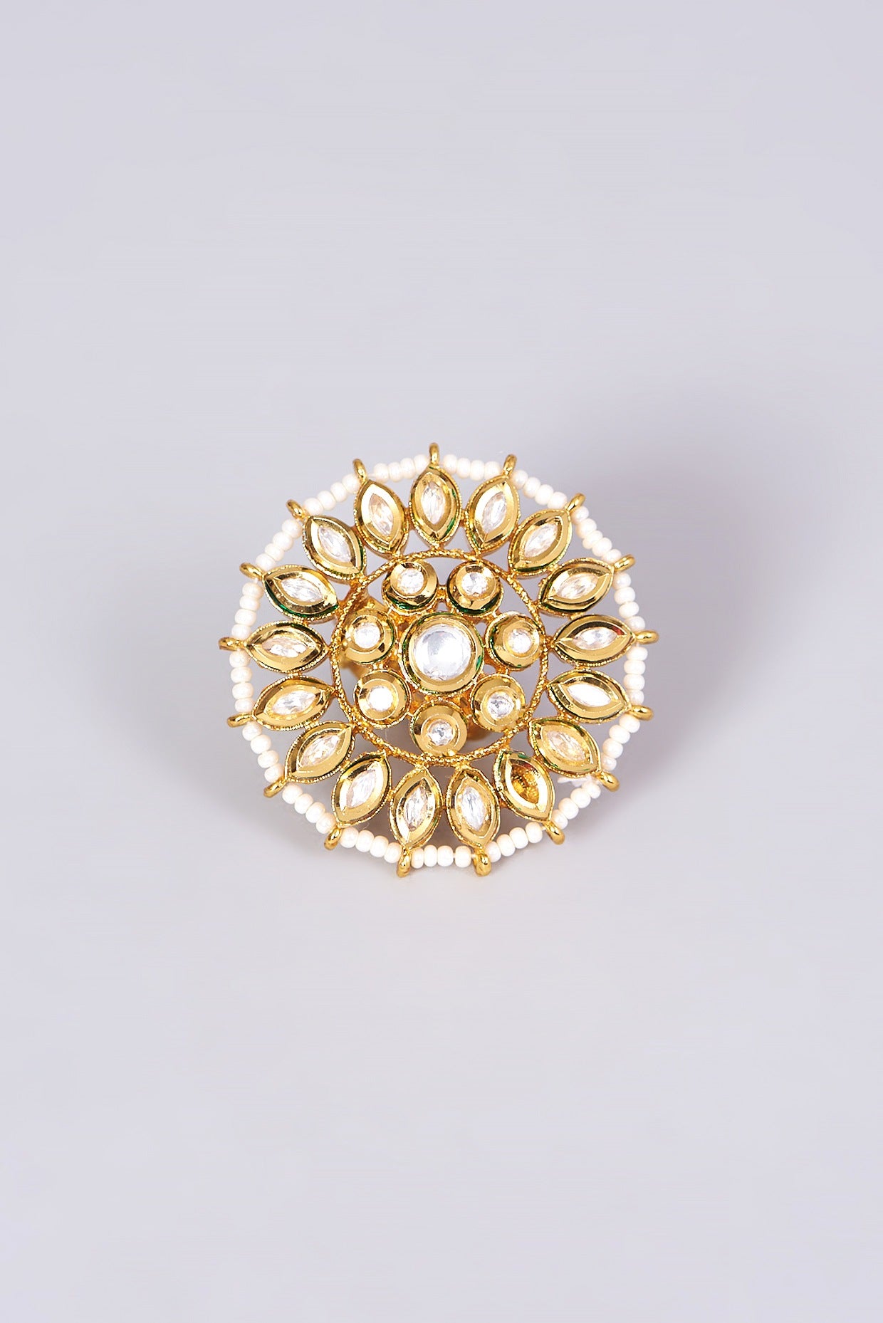 Gold Finish Kundan Polki & Pearl Ring