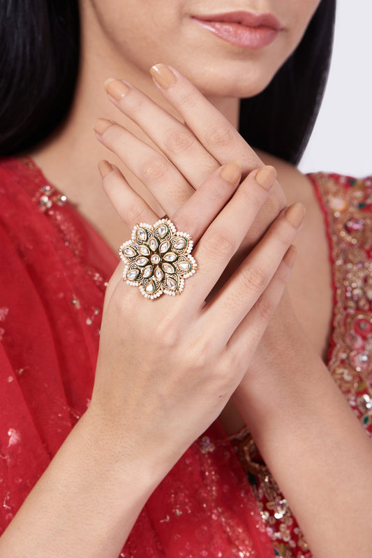 Gold Finish Pearl & Kundan Polki Ring