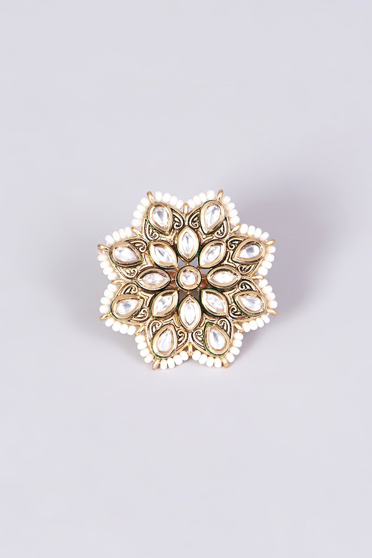 Gold Finish Pearl & Kundan Polki Ring