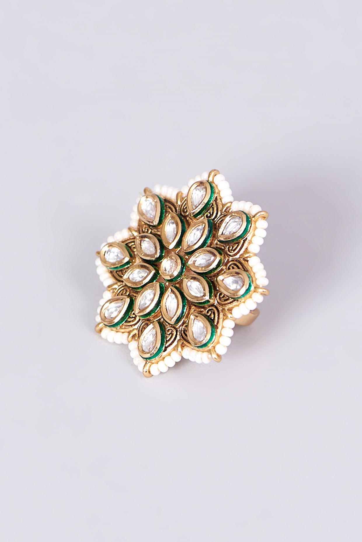 Gold Finish Pearl & Kundan Polki Ring