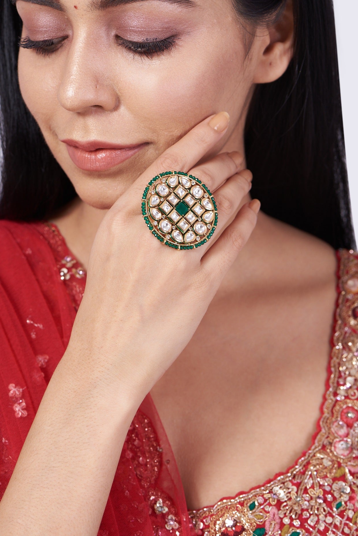 Gold Finish Kundan Polki & Green Beaded Ring