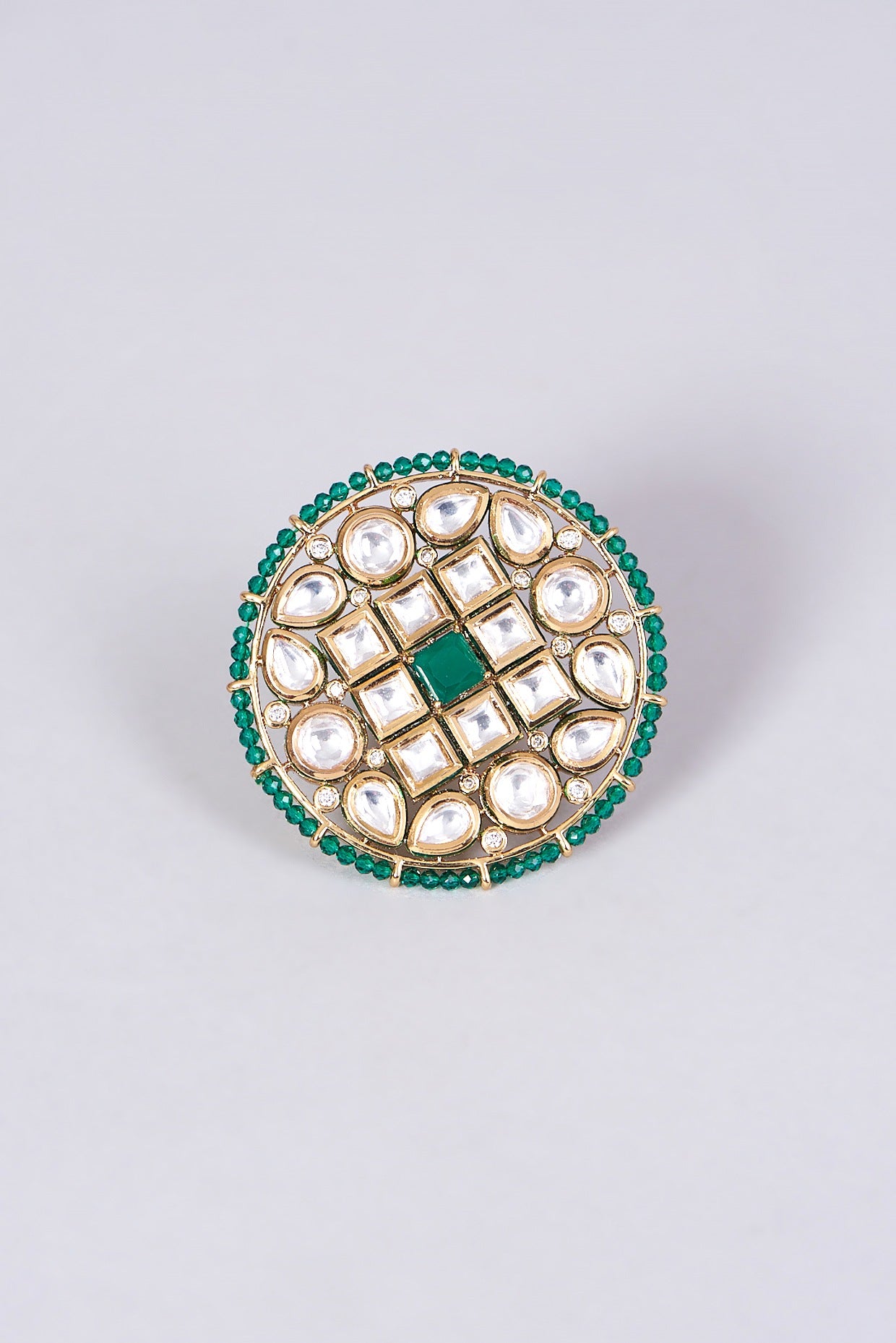 Gold Finish Kundan Polki & Green Beaded Ring