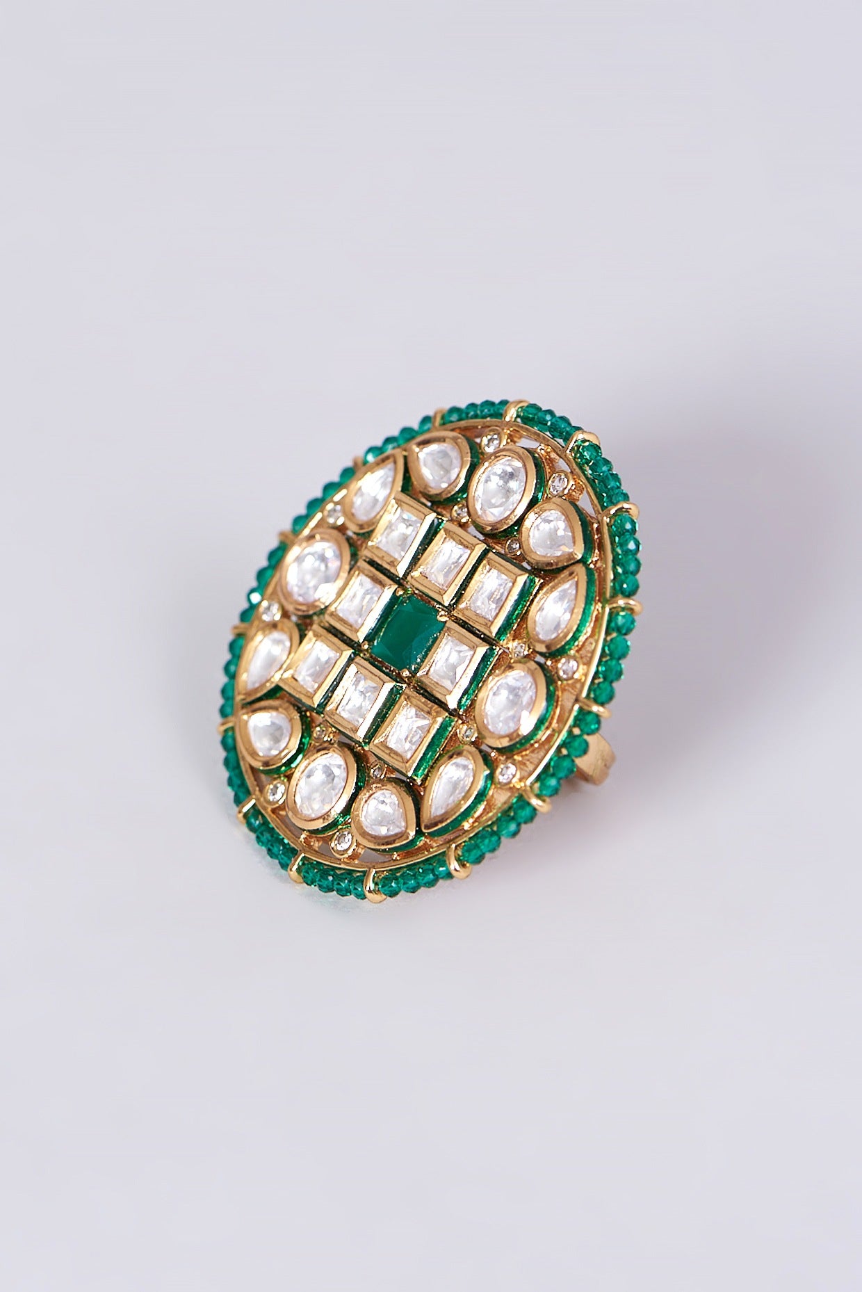 Gold Finish Kundan Polki & Green Beaded Ring