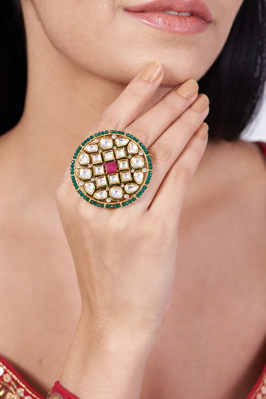 Gold Finish Kundan Polki & Red Stone Ring