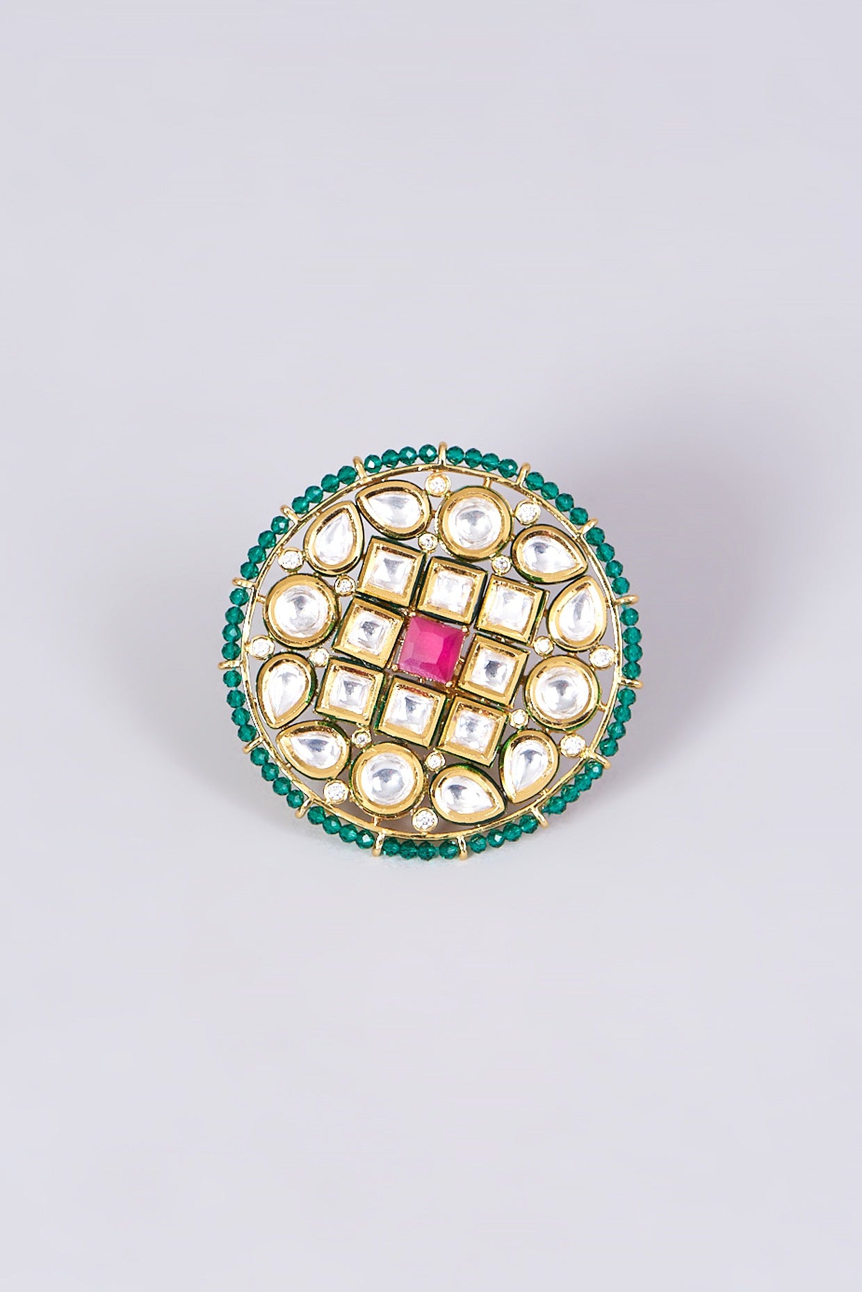 Gold Finish Kundan Polki & Red Stone Ring