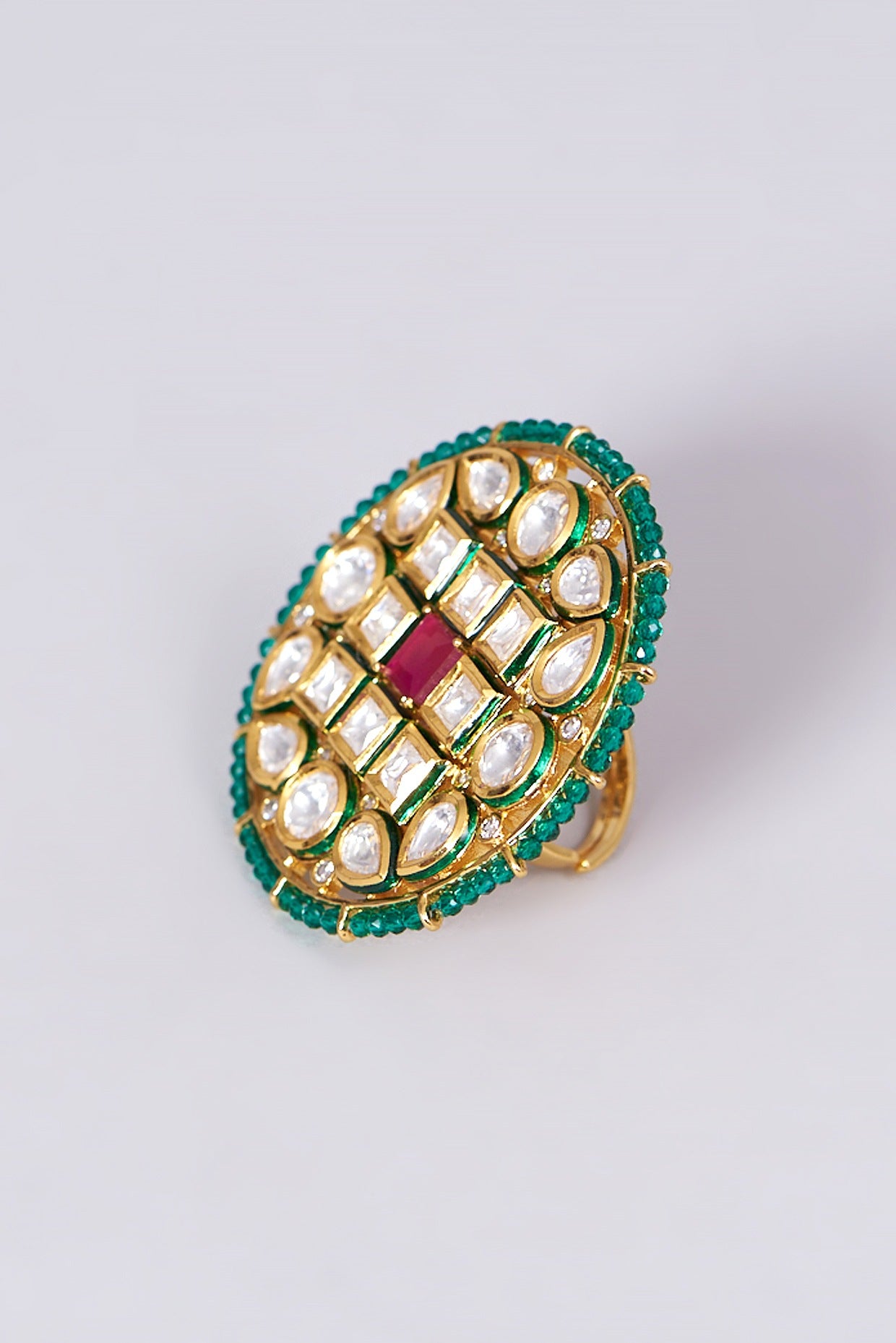 Gold Finish Kundan Polki & Red Stone Ring