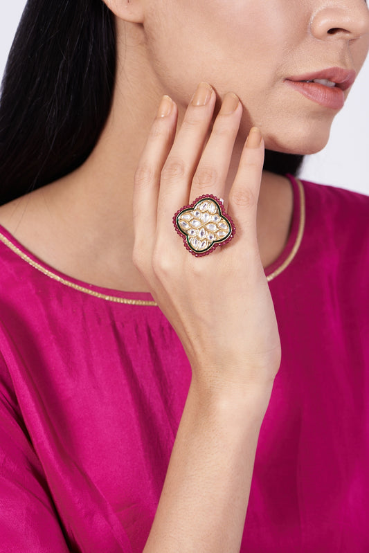 Gold Finish Kundan Polki & Red Beaded Ring