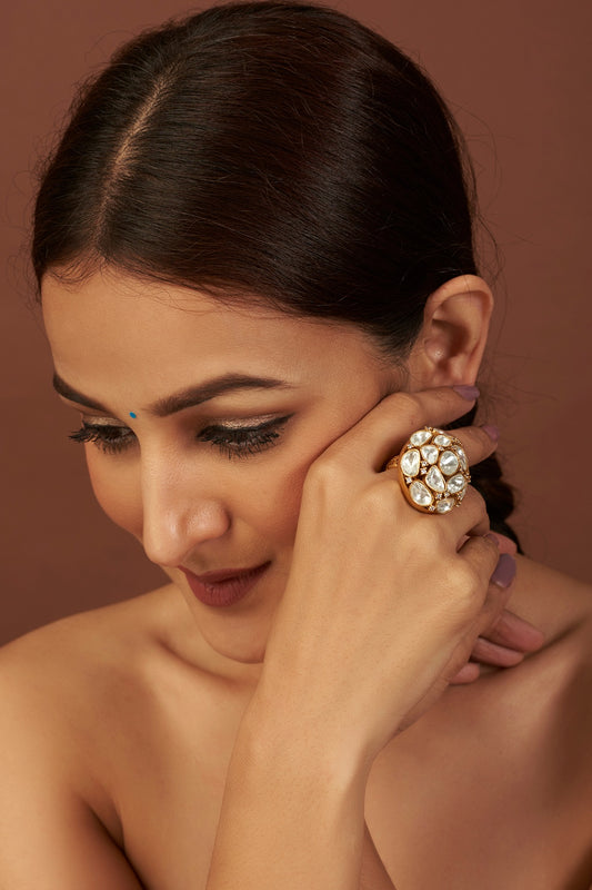 Gold Finish Kundan Polki Ring