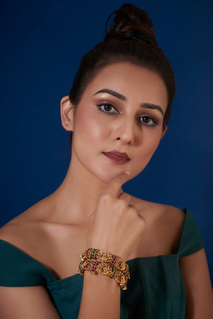 Gold Finish Red & Green Stone Temple Bangles (Set of 2)