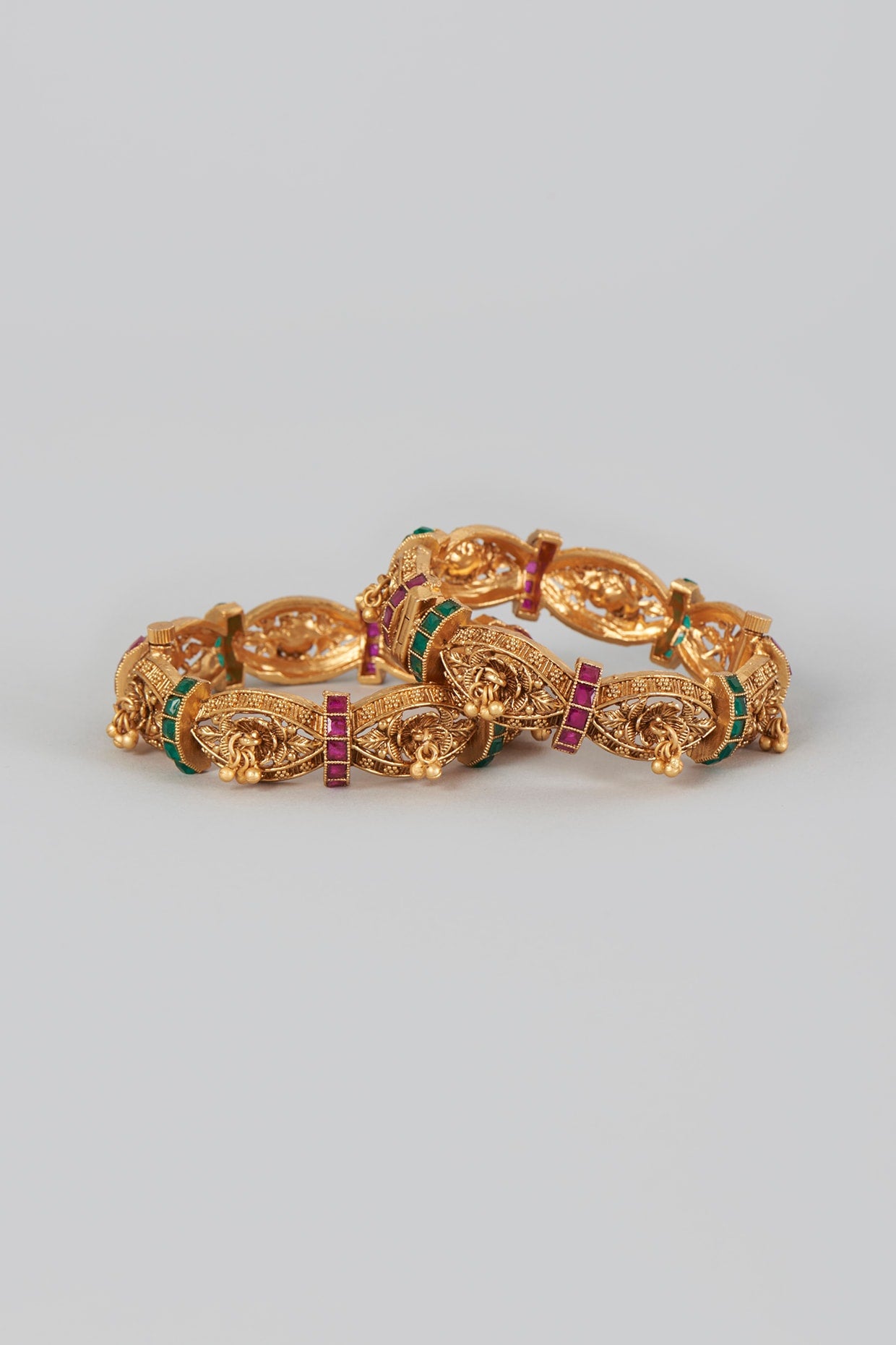 Gold Finish Red & Green Stone Temple Bangles (Set of 2)