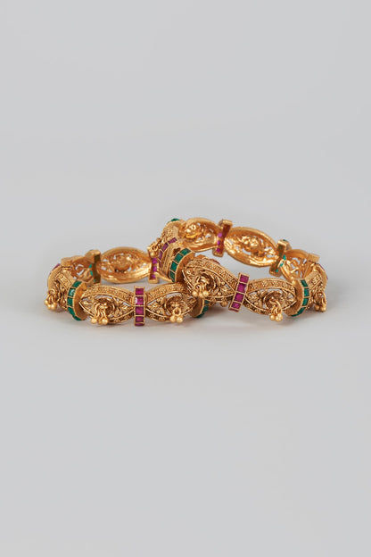 Gold Finish Red & Green Stone Temple Bangles (Set of 2)