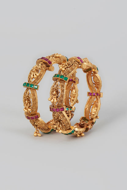 Gold Finish Red & Green Stone Temple Bangles (Set of 2)