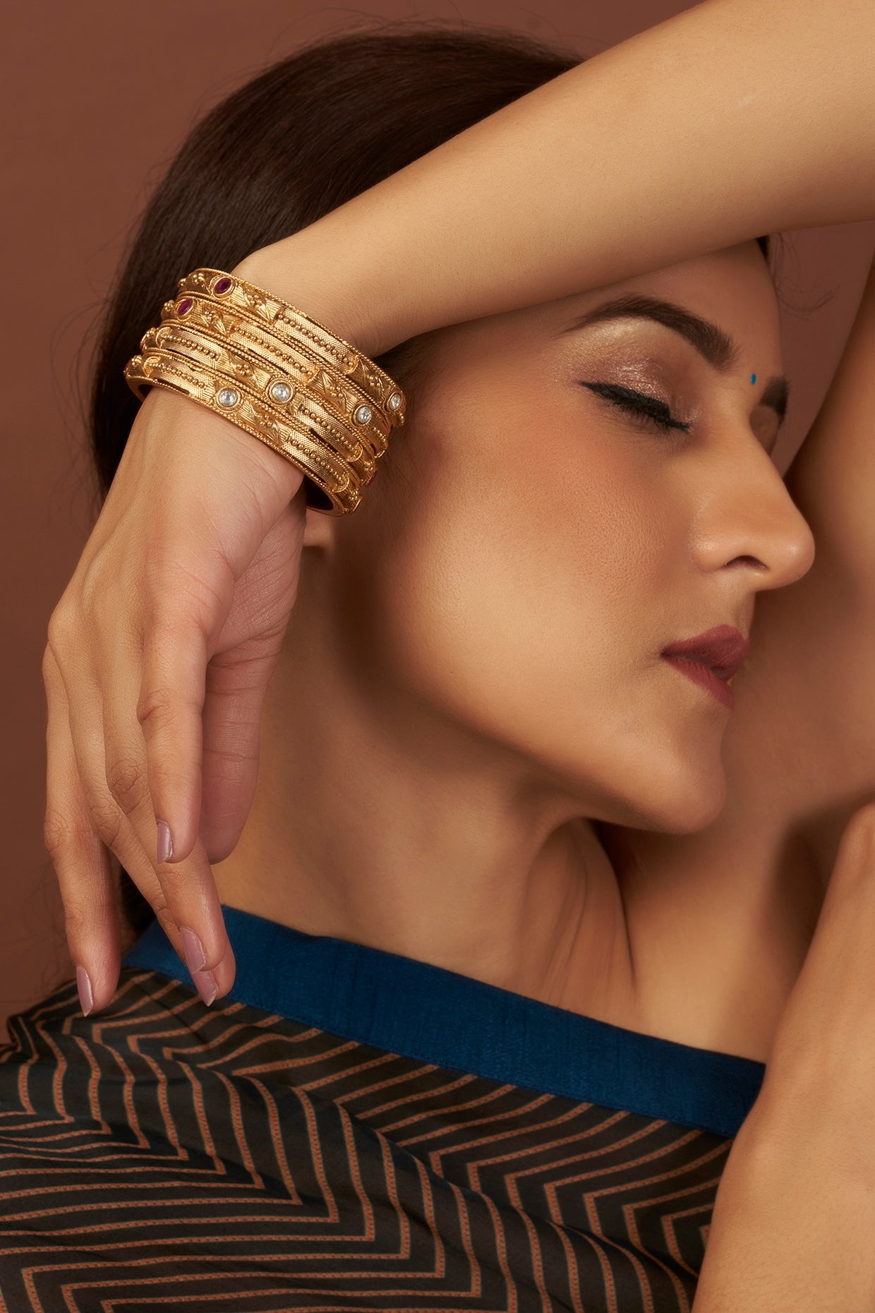 Gold Finish Temple Bangles (Set of 2)