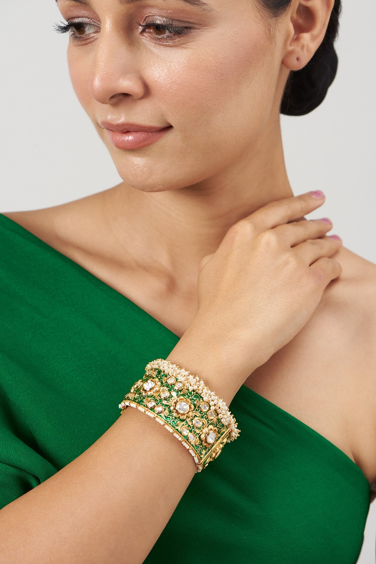 Gold Finish Kundan Polki & Emerald Green Synthetic Stone Bangle