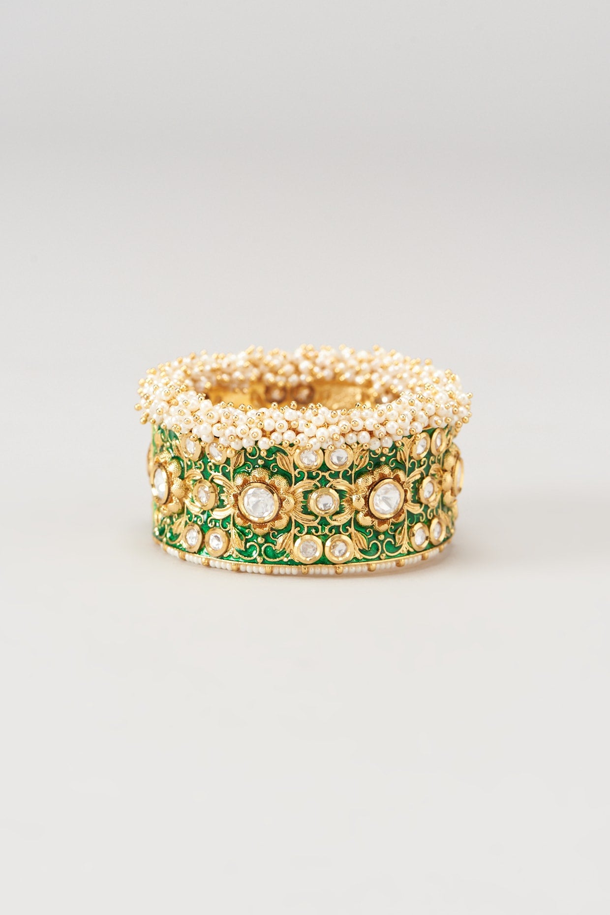 Gold Finish Kundan Polki & Emerald Green Synthetic Stone Bangle