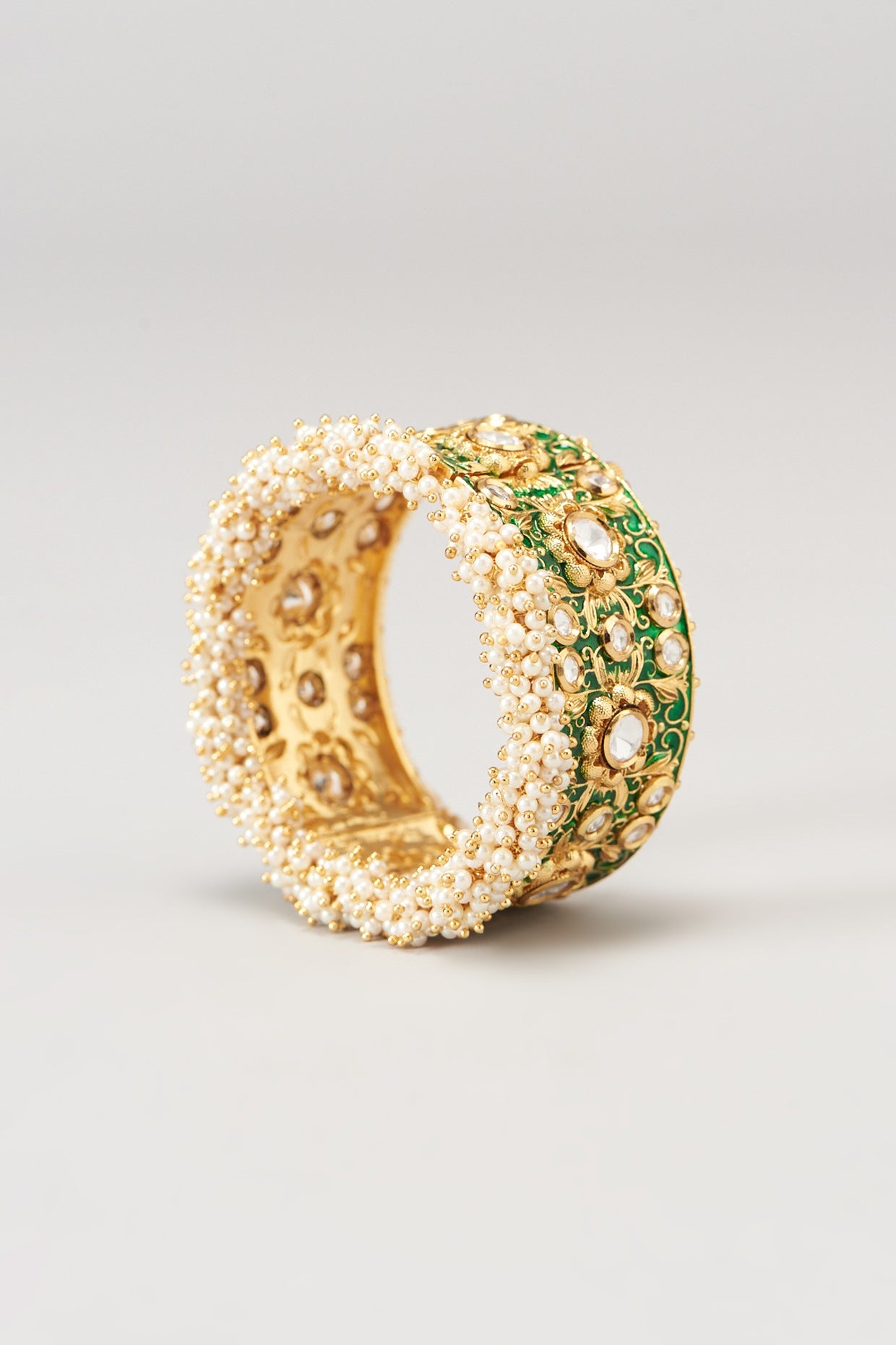 Gold Finish Kundan Polki & Emerald Green Synthetic Stone Bangle