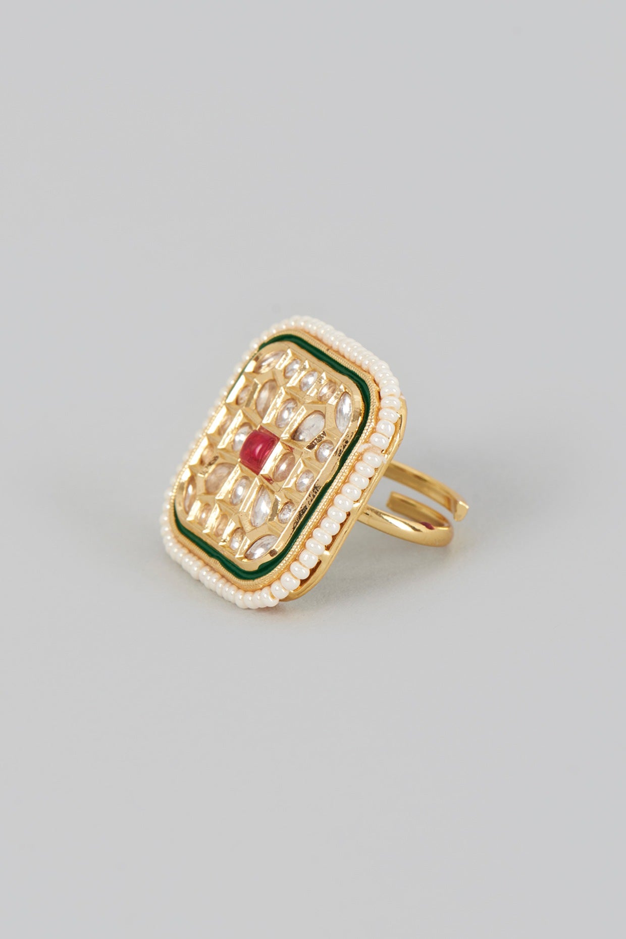 Gold Finish Kundan Polki & Red Stone Ring