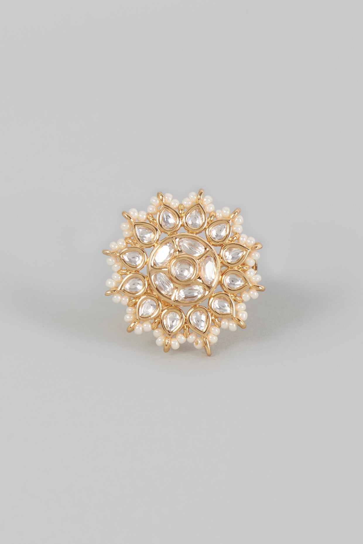 Gold Finish Kundan Polki & Pearl Ring