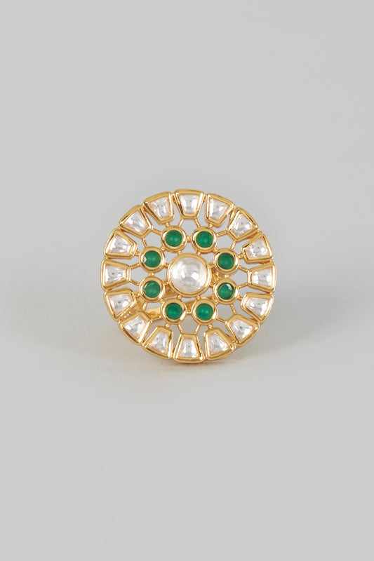 Gold Finish Kundan Polki & Green Stone Ring