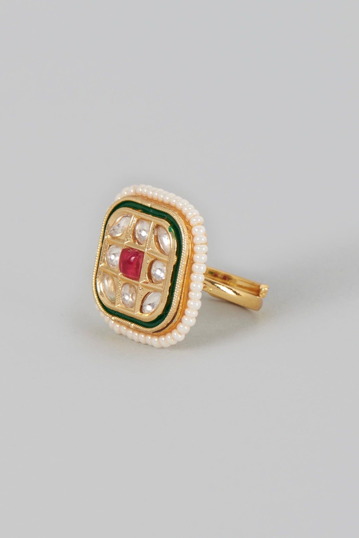 Gold Finish Kundan Polki & Green Stone Ring