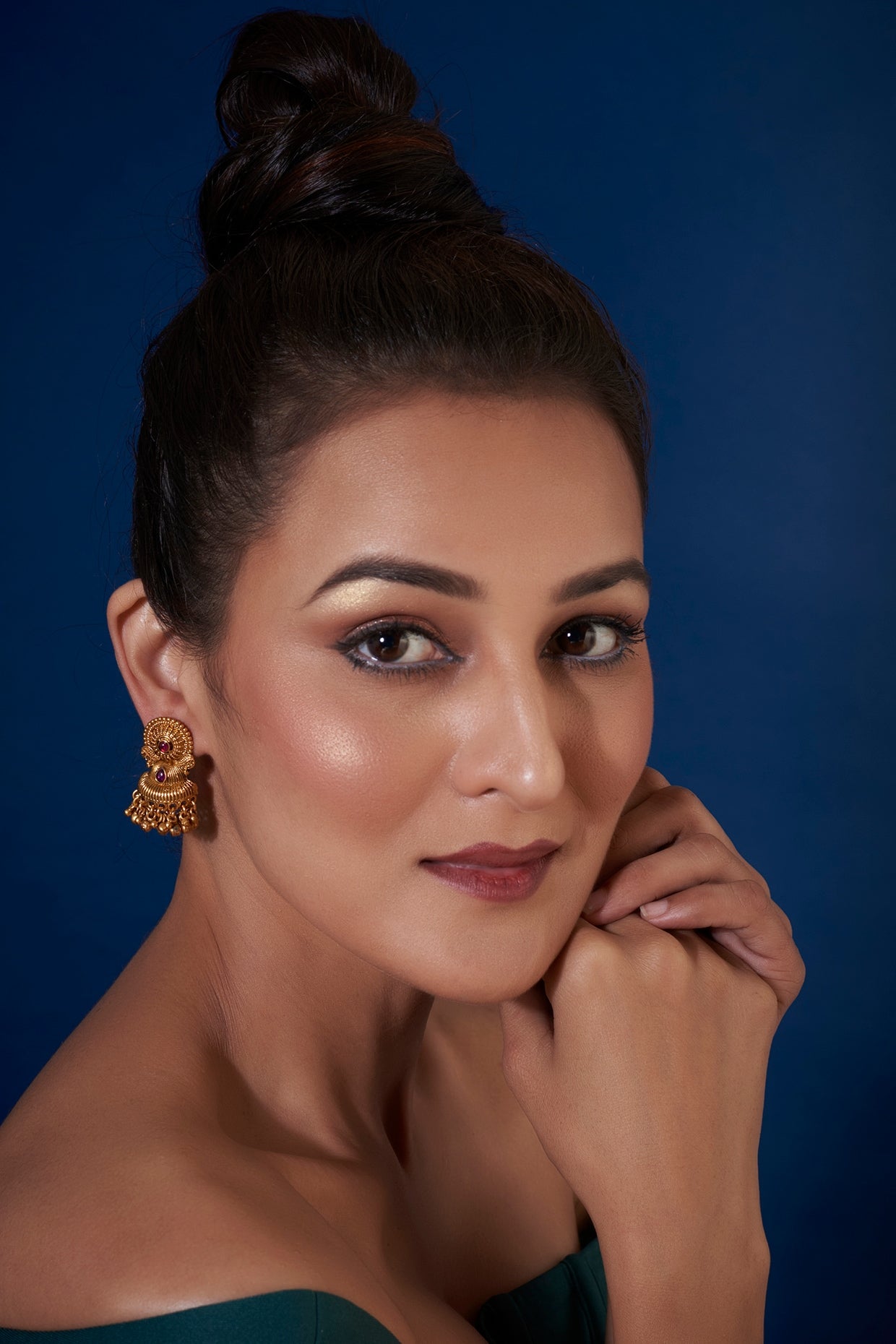 Gold Finish Red & Green Synthetic Stone Temple Jhumka Earrings