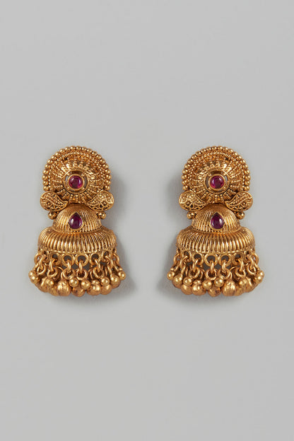 Gold Finish Red & Green Synthetic Stone Temple Jhumka Earrings