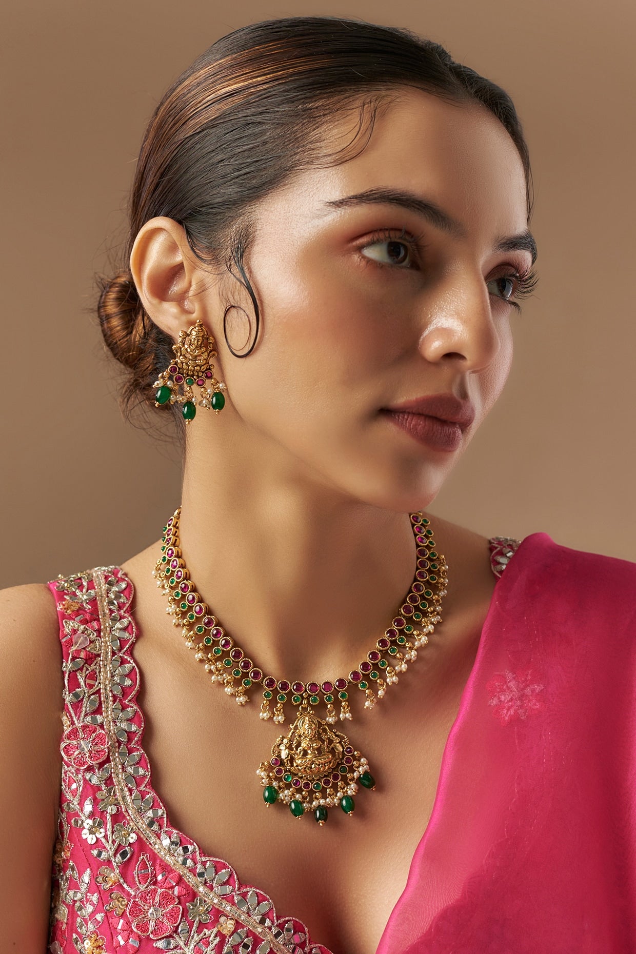 Gold Finish Kundan Polki & Multi-Colored Stone Long Necklace Set