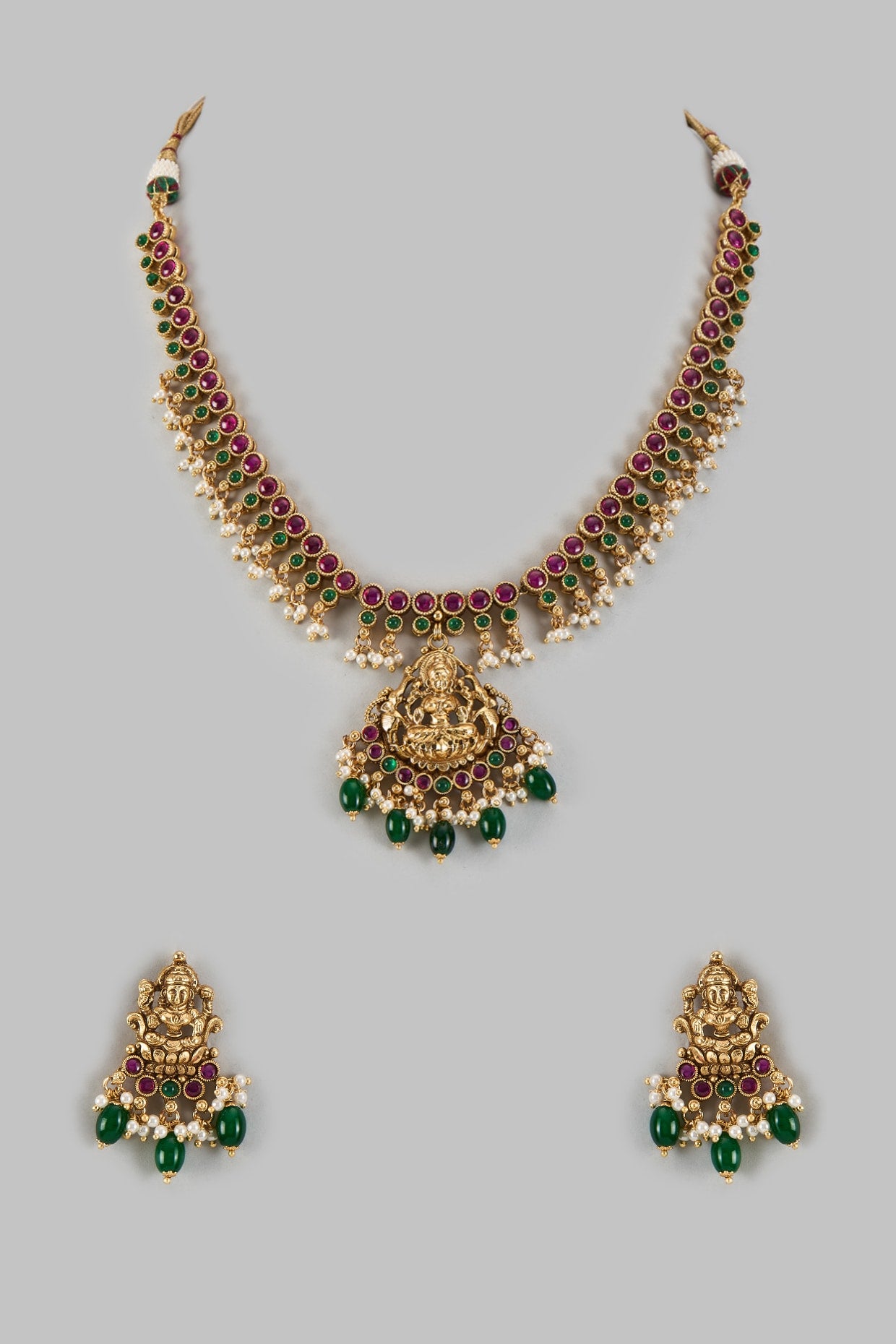 Gold Finish Kundan Polki & Multi-Colored Stone Long Necklace Set