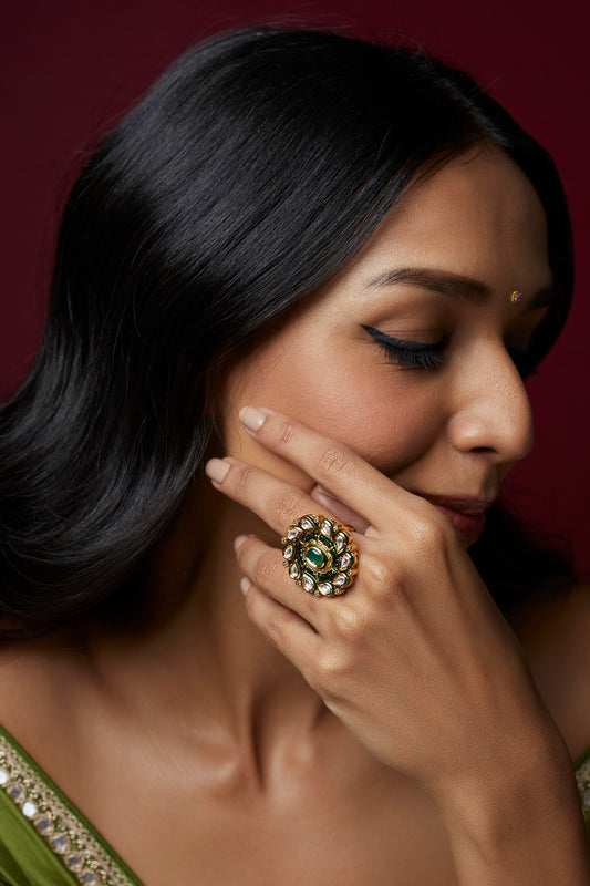 Gold Finish Kundan Polki & Green Stone Ring