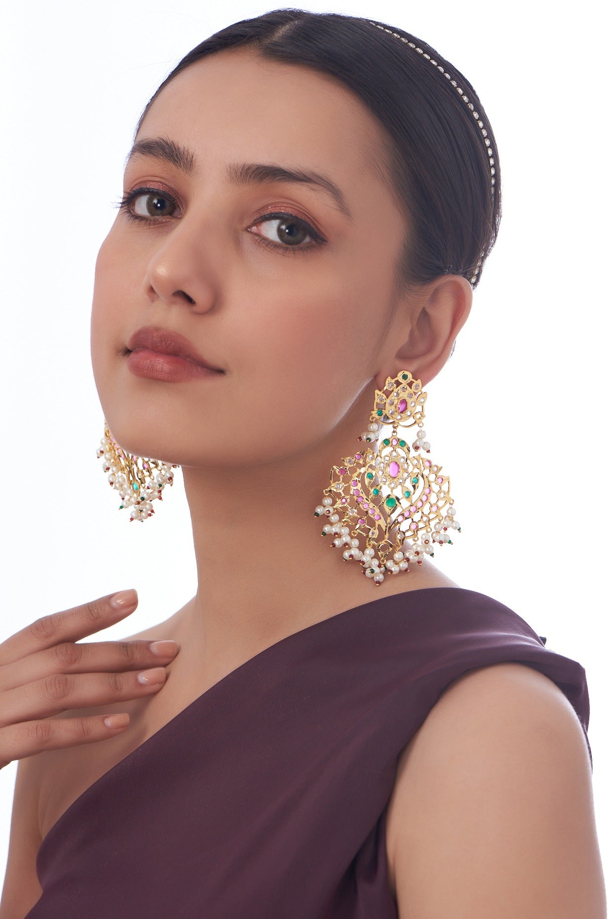 Gold Finish Kundan Polki & Beaded Dangler Earrings