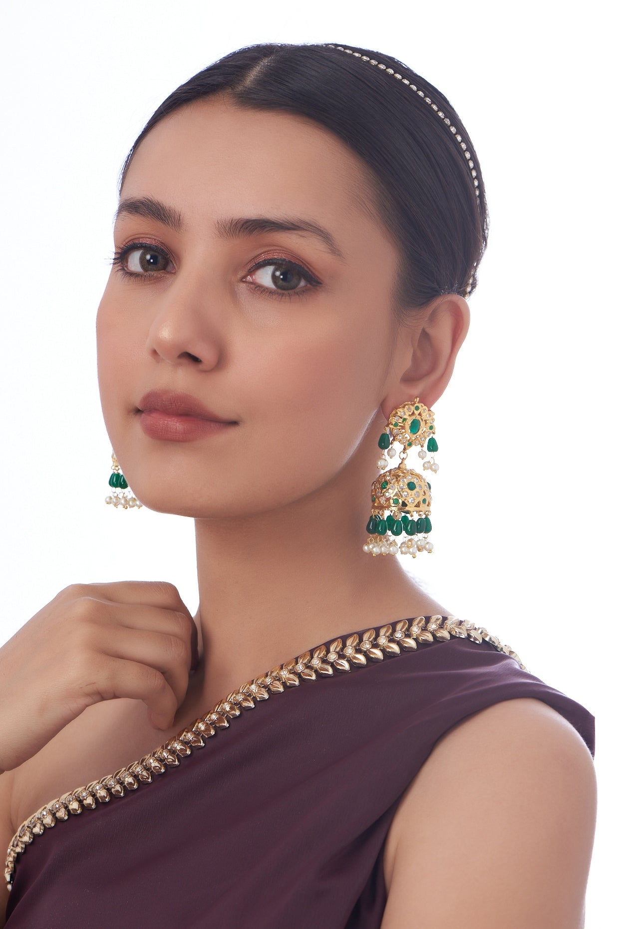 Gold Finish Kundan Polki & Green Synthetic Stone Dangler Earrings