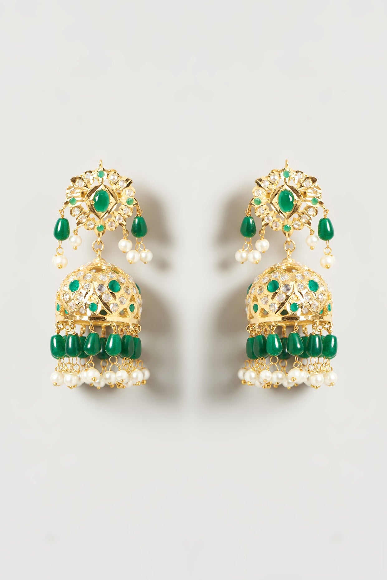 Gold Finish Kundan Polki & Green Synthetic Stone Dangler Earrings