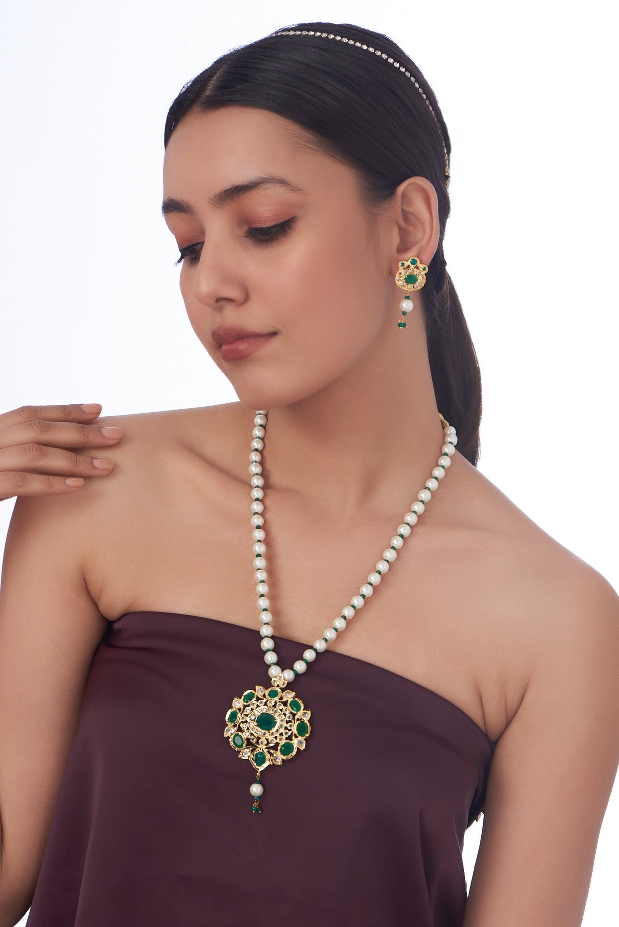 Gold Finish Kundan Polki & Purple Stone Long Necklace Set