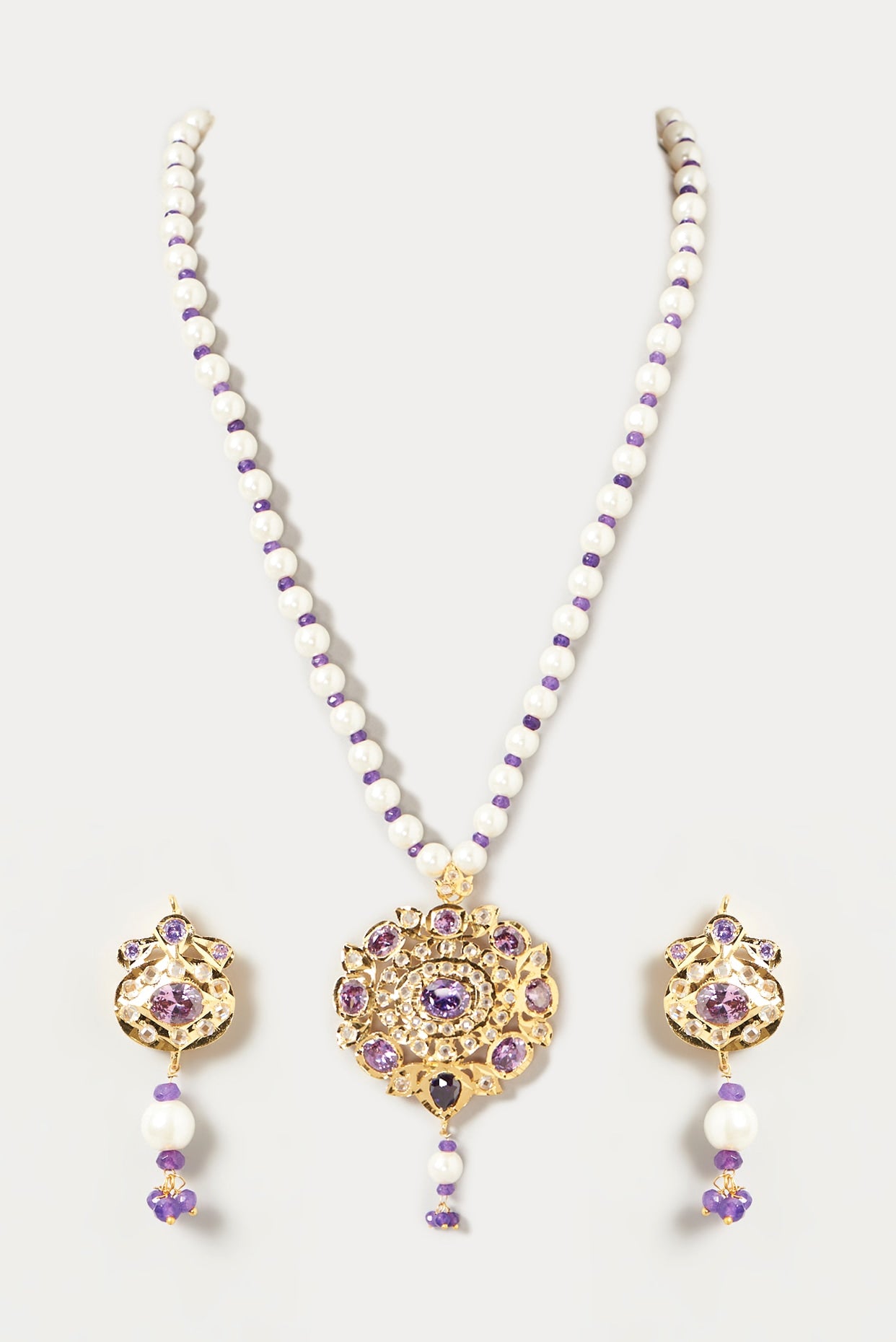 Gold Finish Kundan Polki & Purple Stone Long Necklace Set