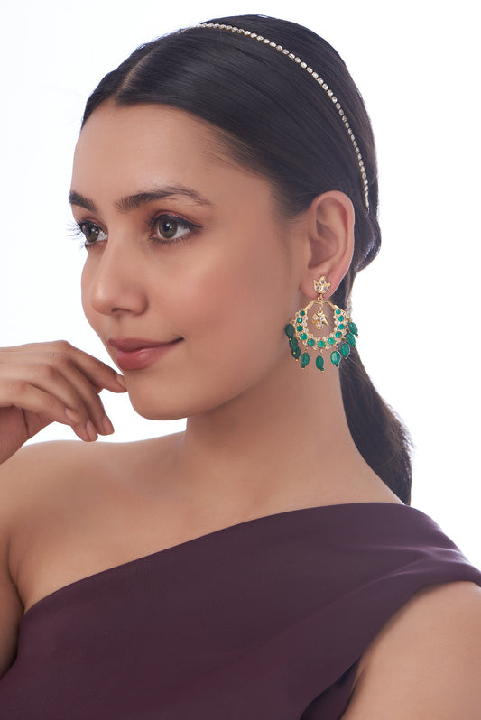 Gold Finish Kundan Polki & Green Synthetic Stone Dangler Earrings