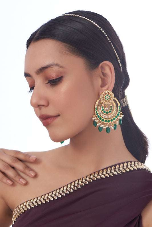 Gold Finish Kundan Polki & Green Synthetic Stone Chandbaali Earrings