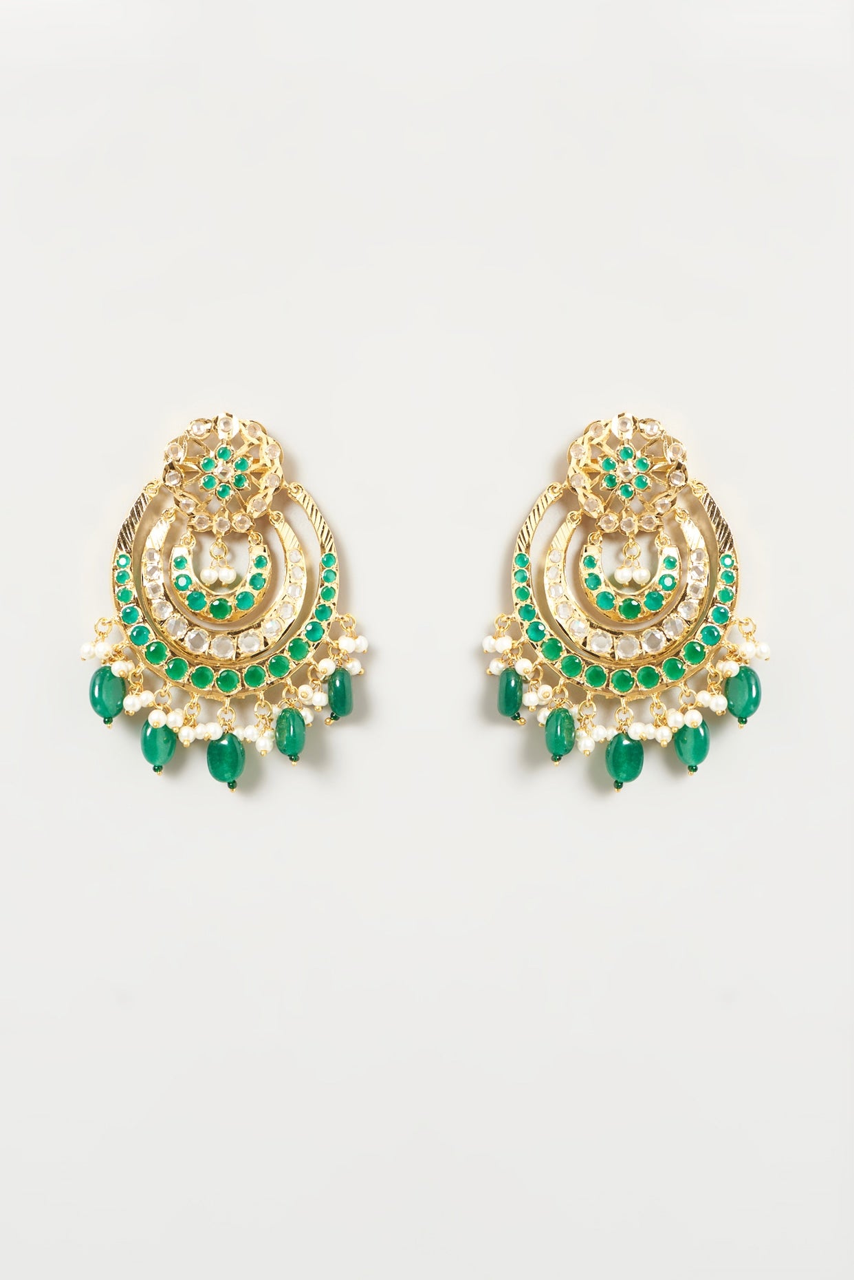 Gold Finish Kundan Polki & Green Synthetic Stone Chandbaali Earrings