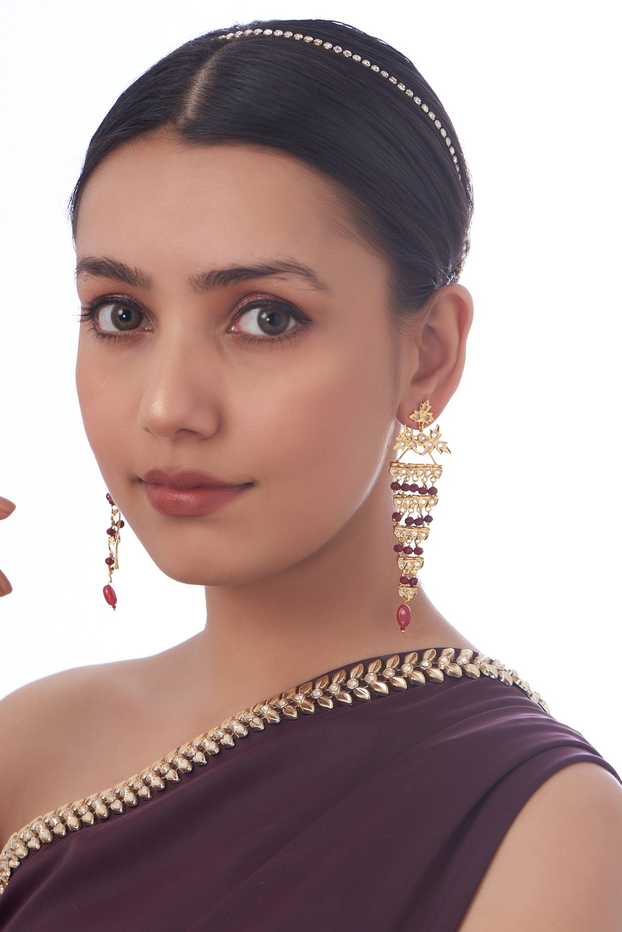 Gold Finish Kundan Polki & Red Drop Dangler Earrings