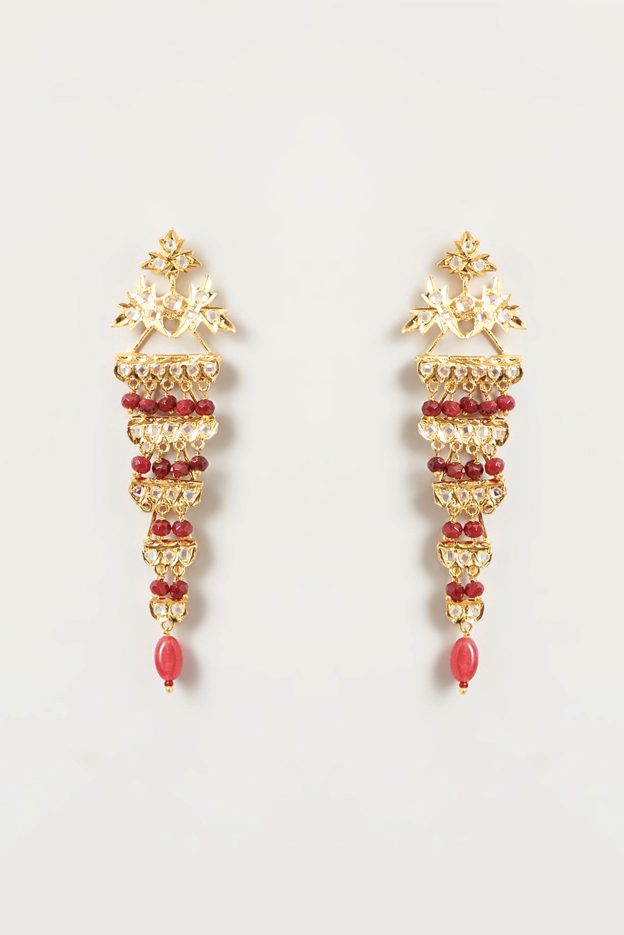 Gold Finish Kundan Polki & Red Drop Dangler Earrings